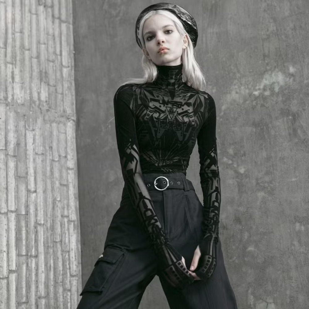 Punk Rave Cyberpunk Robot Goth Mesh Flock Top - Picture 4 of 15